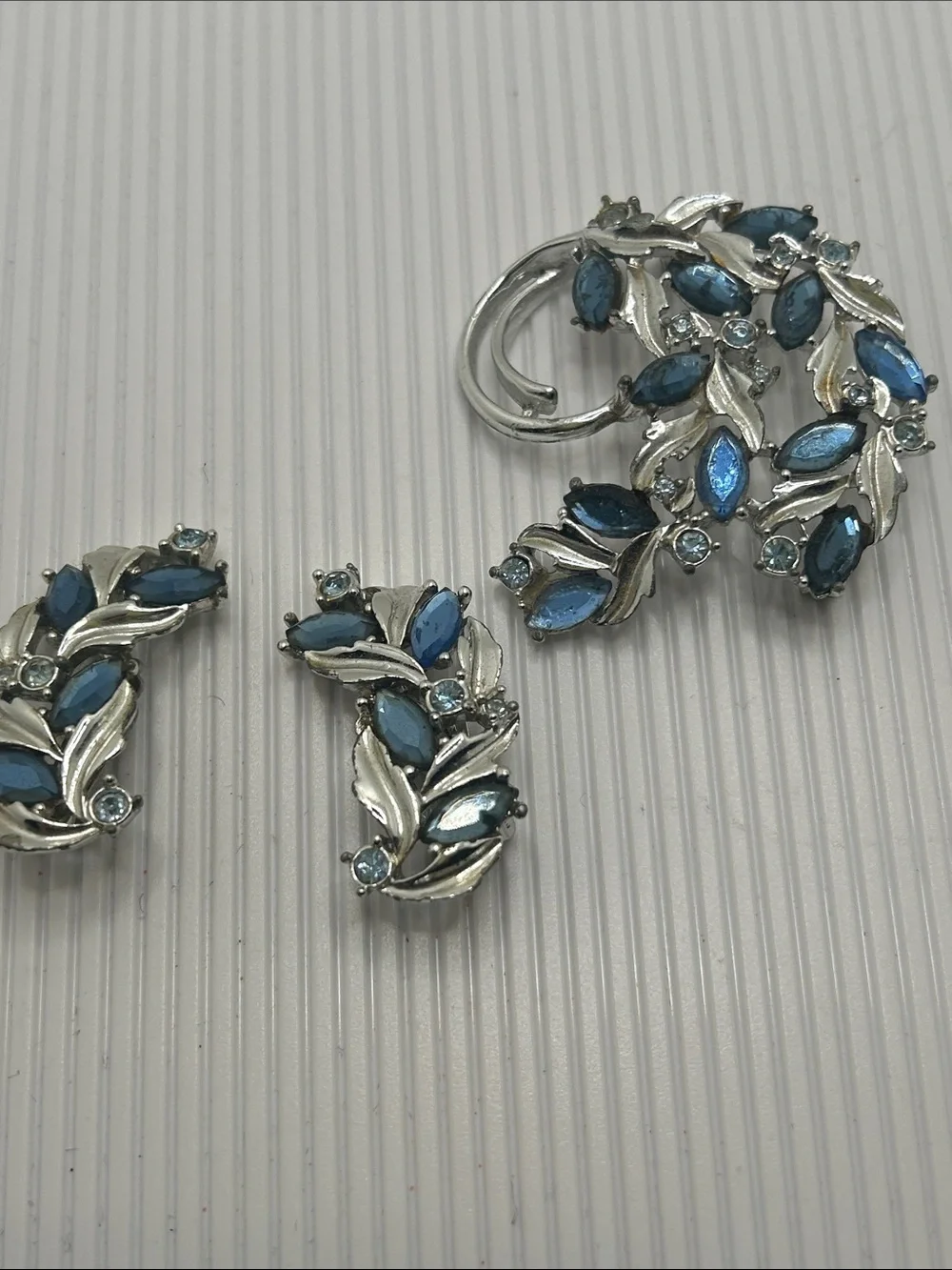 Sarah Coventry Silver-Tone Brooch and Clip Earrings with Blue Crystals